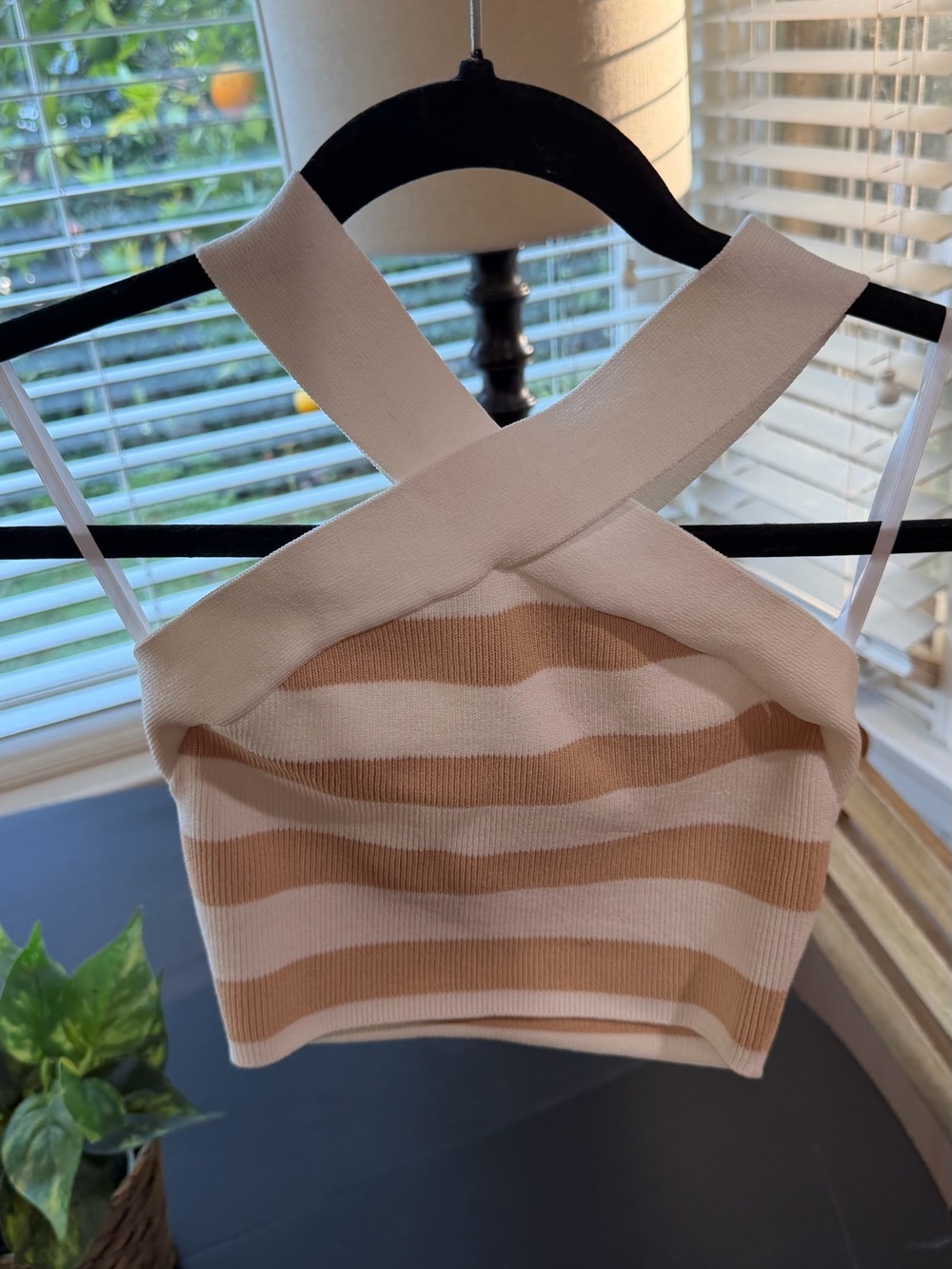 Babaton Striped Cross-Back Knit Crop Top - Beige & Cream
